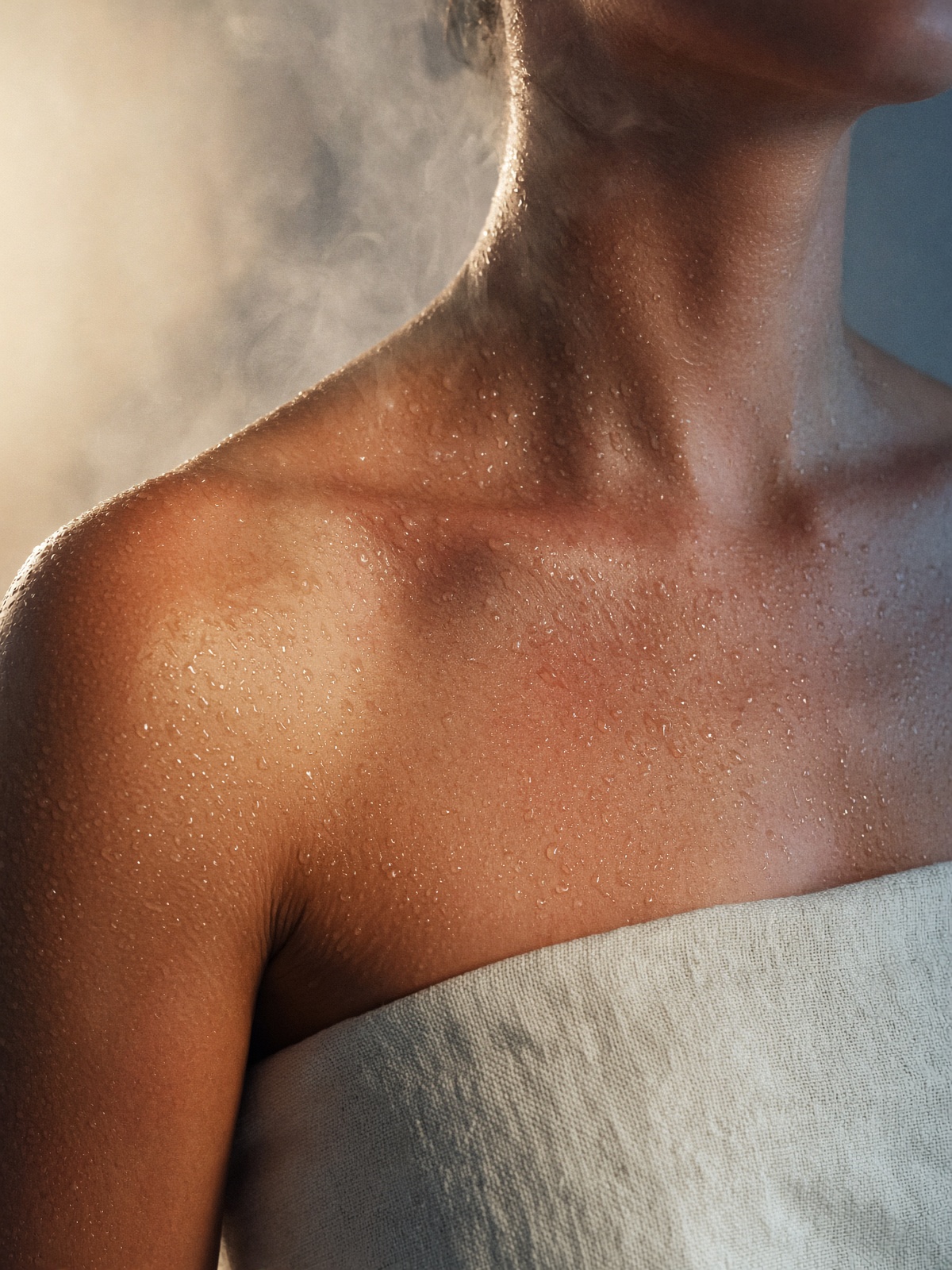 Flushed, dewy skin immediately after heat