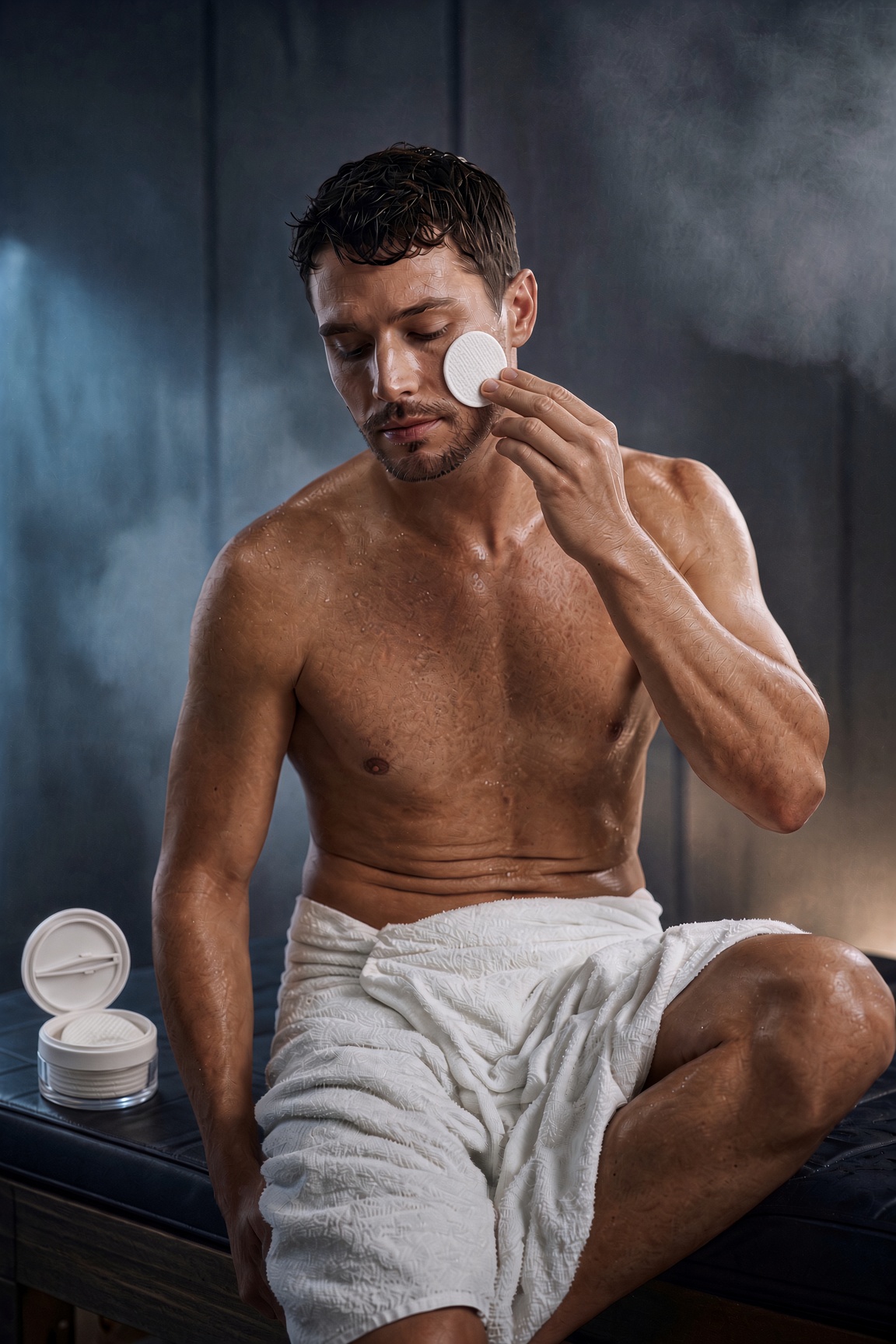 Pressing recovery cream into skin after the sauna