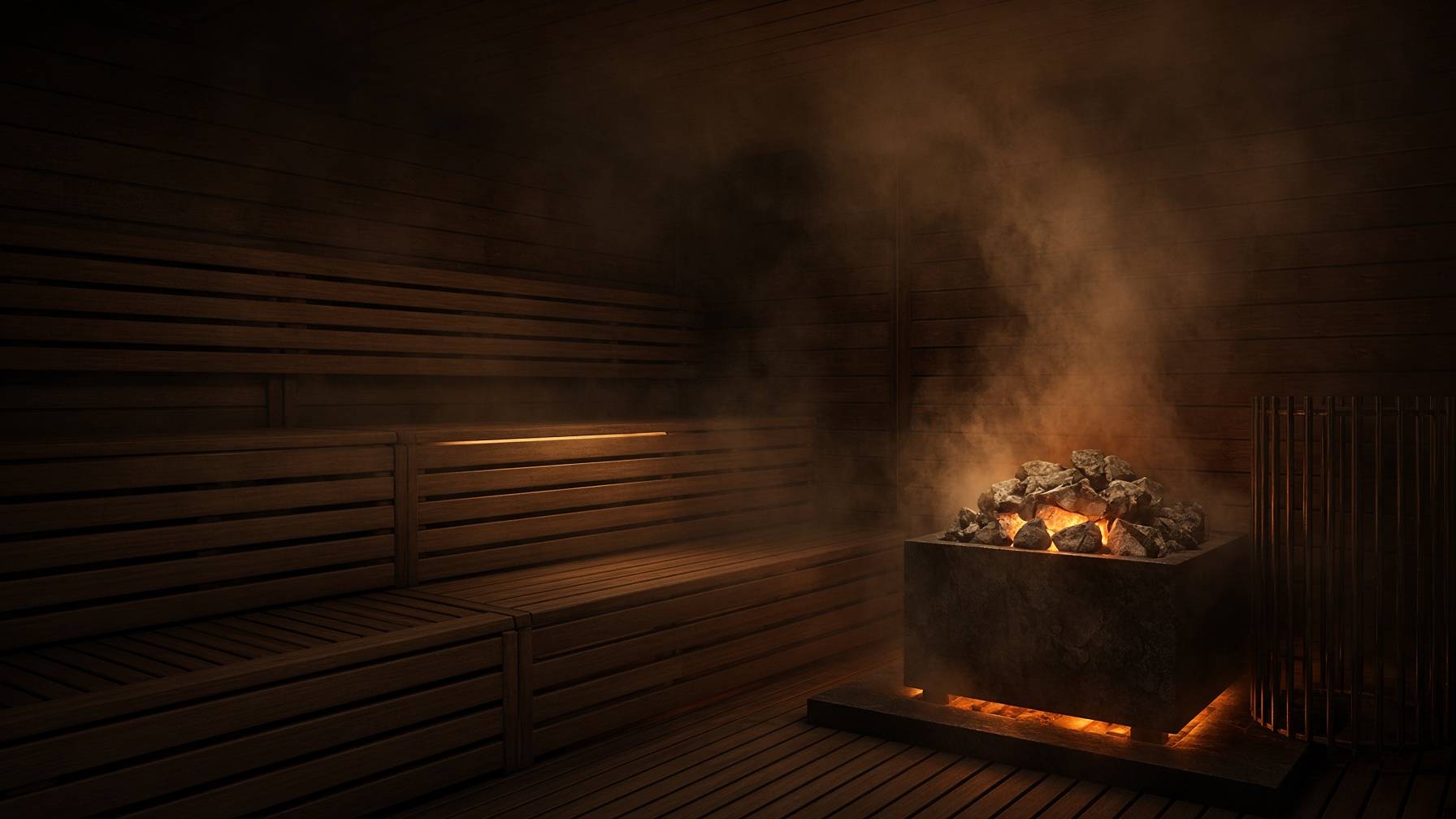 Cedar sauna filled with steam